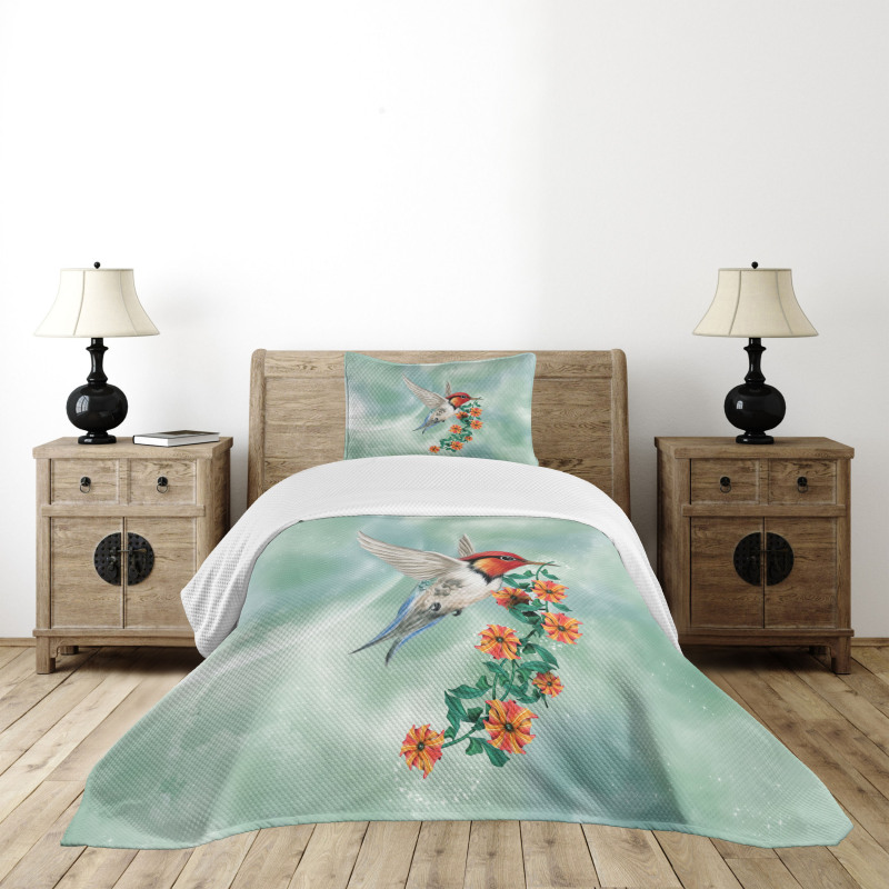 Bird with Flower Branch Bedspread Set