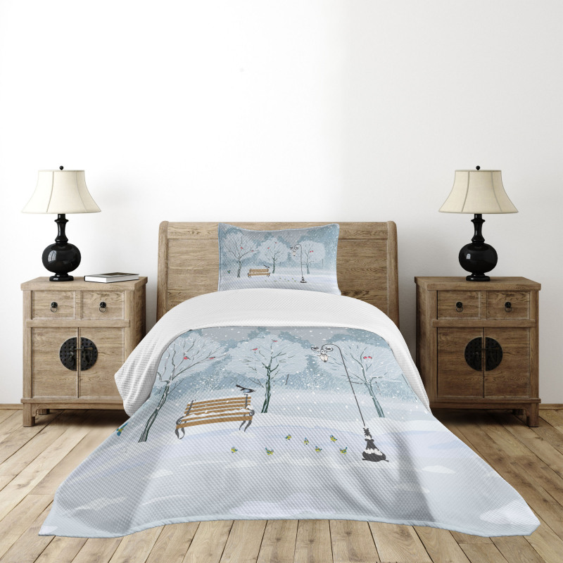 Snow in Park Xmas Trees Bedspread Set