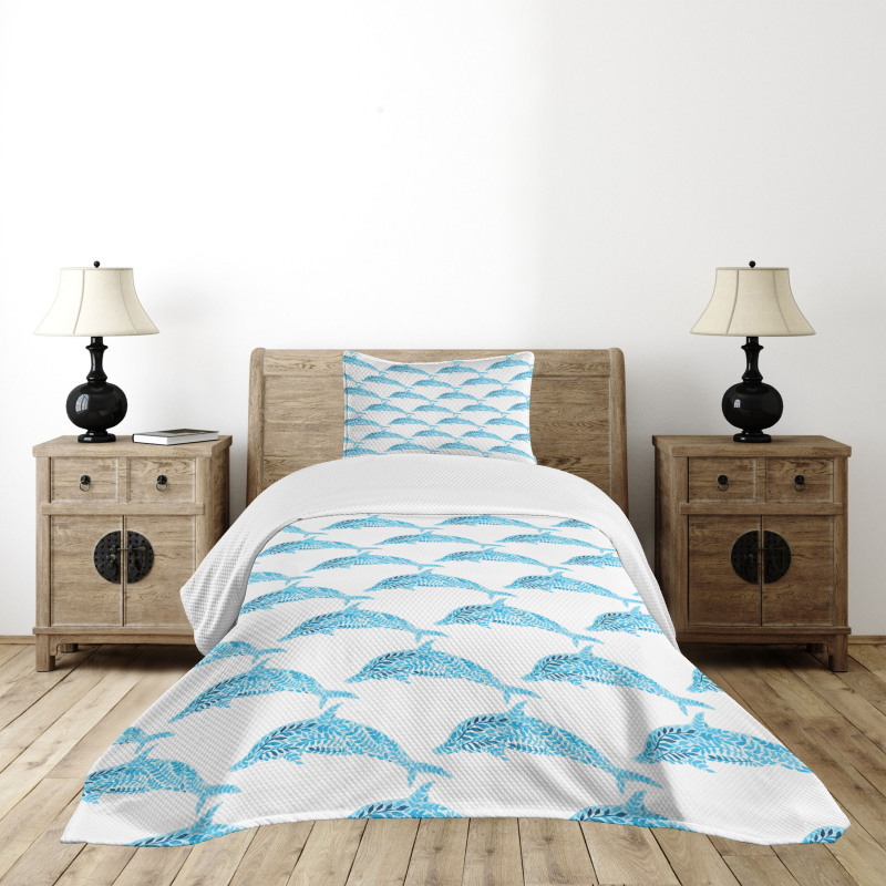 Aqua Dolphins Leaves Bedspread Set