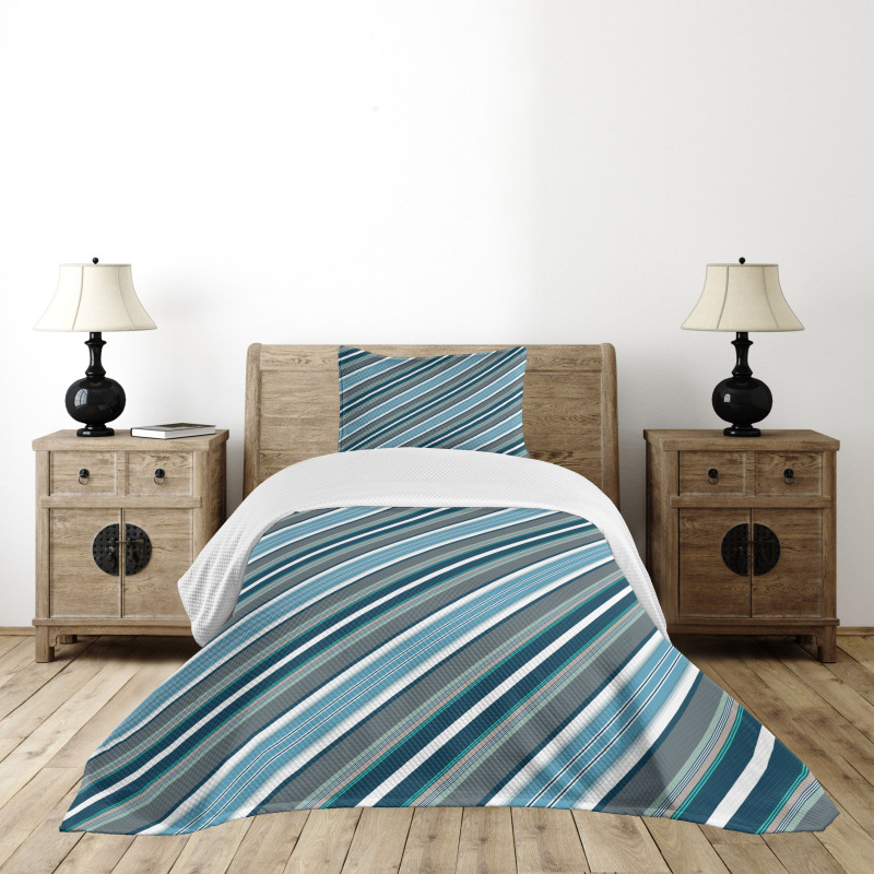 Grey and Blue Diagonal Bedspread Set