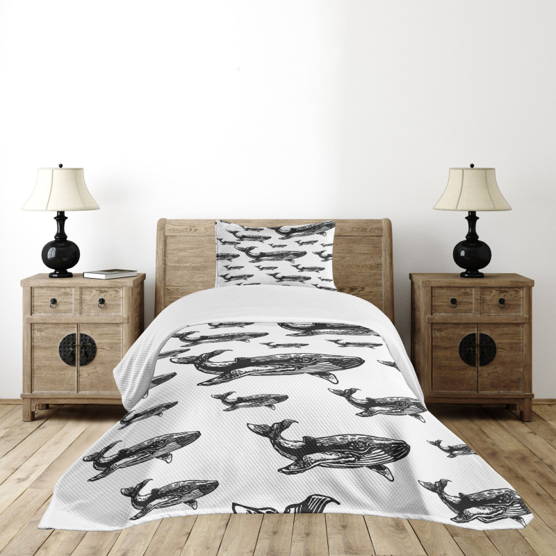 Hand Drawn Big Whales Bedspread Set