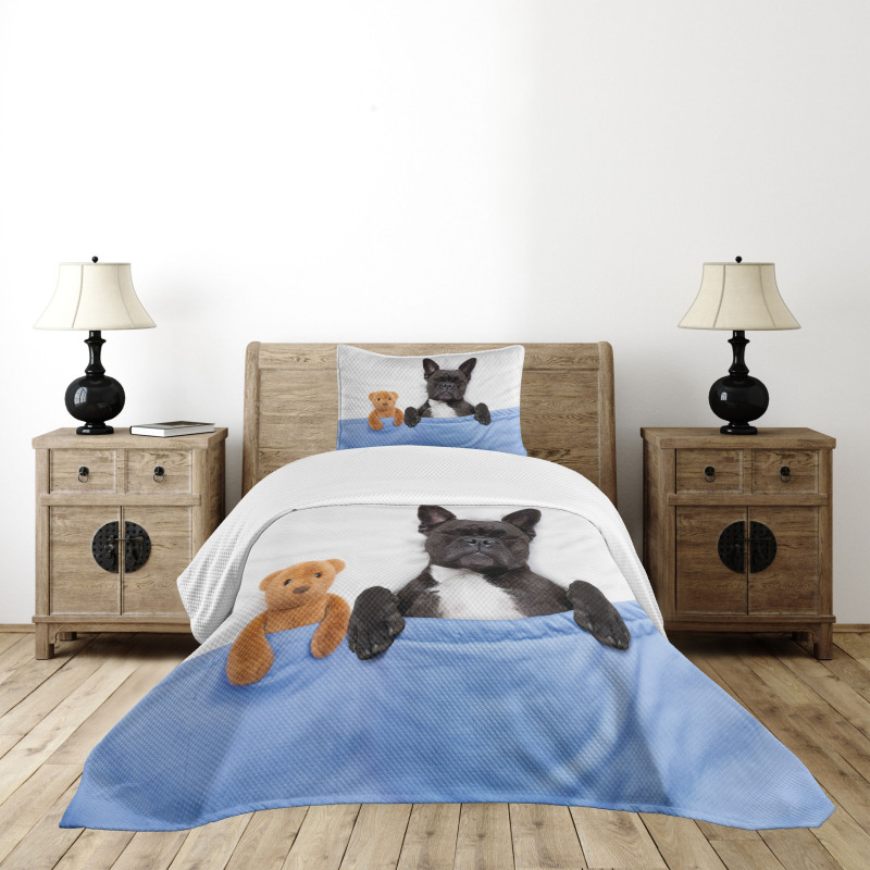 French Bulldog with Bear Bedspread Set