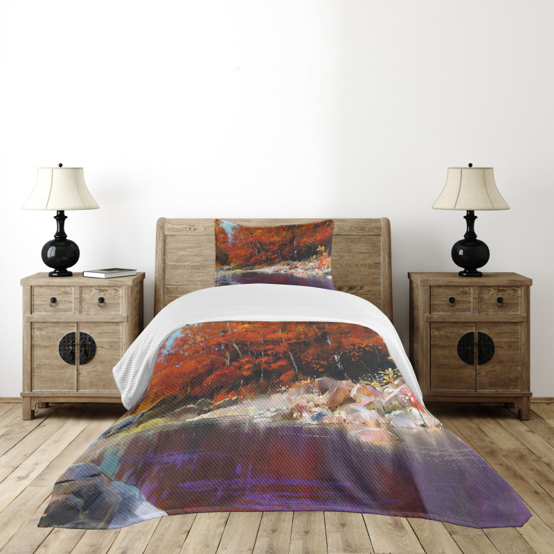 Autumn Forest with Rock Bedspread Set