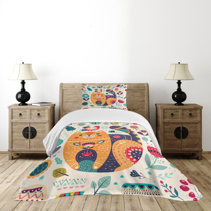 Cat and Flower Leaf Bedspread Set