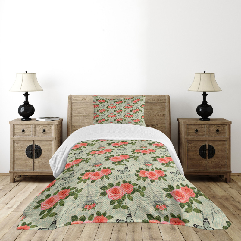 Paris Themed Flowers Bedspread Set