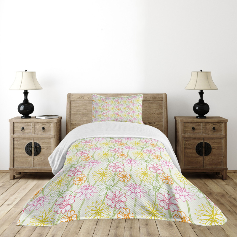 Colorful Flowers Sketchy Bedspread Set