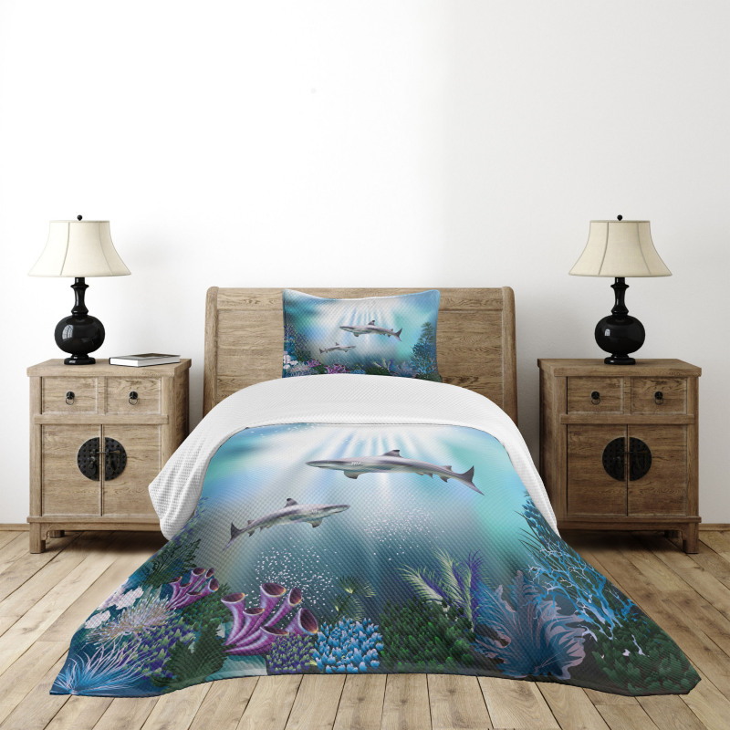 Sharks Coral Aquatic Bedspread Set