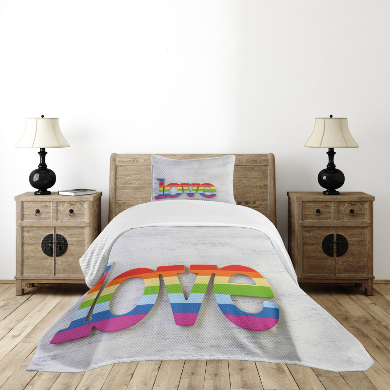 Love Sign on Wood Planks Bedspread Set