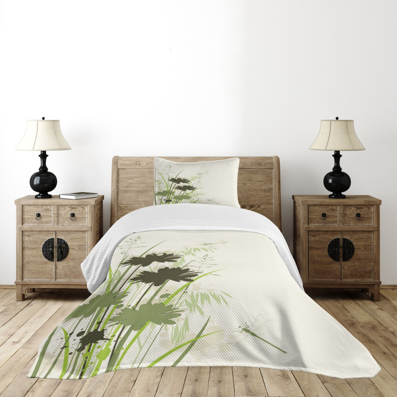 Flowers Leaves Dragonfly Bedspread Set