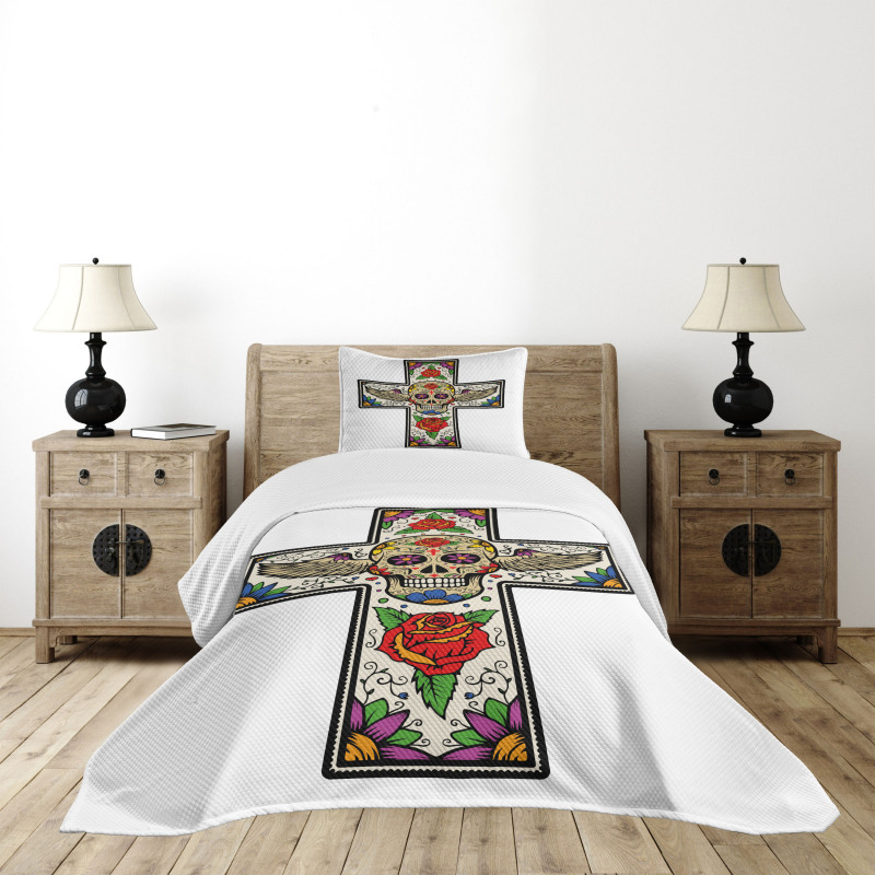 Wing Sugar Skull Roses Bedspread Set