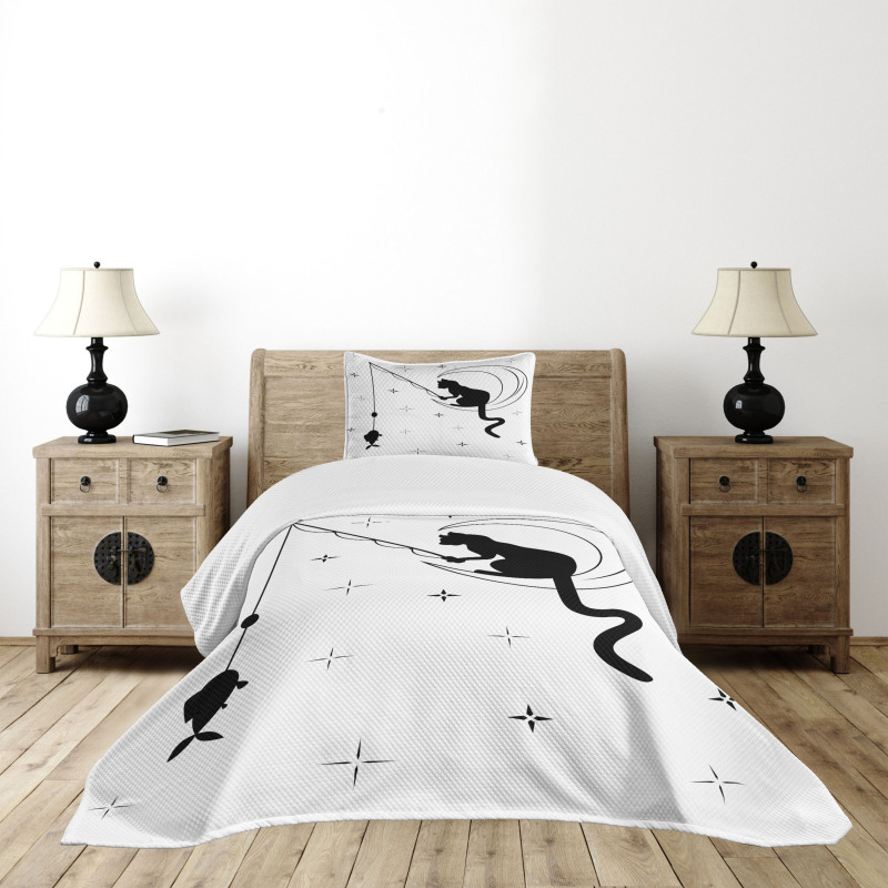 Fishing Kitty on Moon Art Bedspread Set