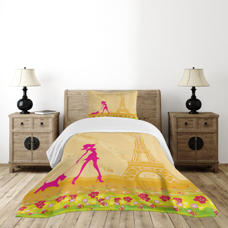 Pink Girl Dog Eiffel Bedspread Set