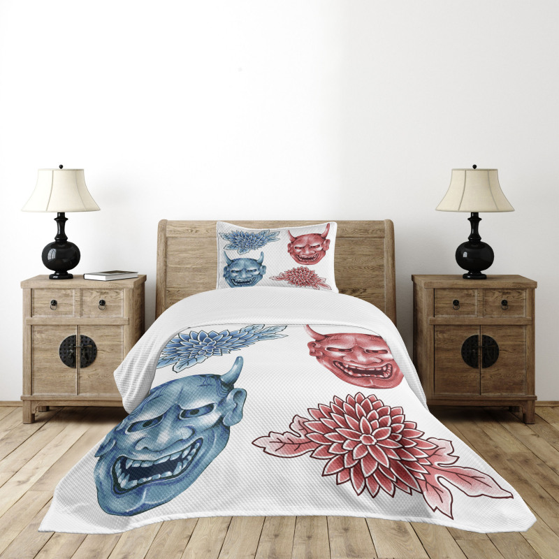 Colored Japan Masks Bedspread Set