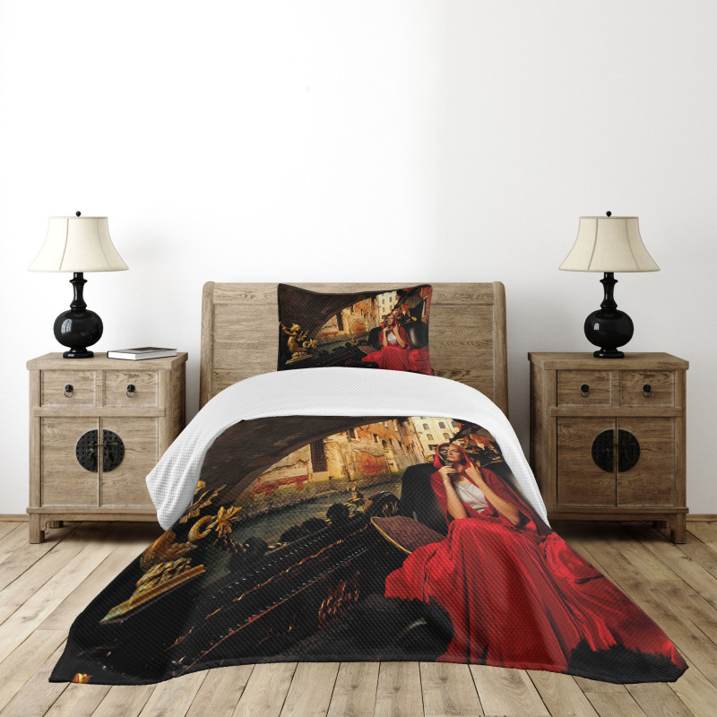 Woman in Red Cloak Mask Bedspread Set