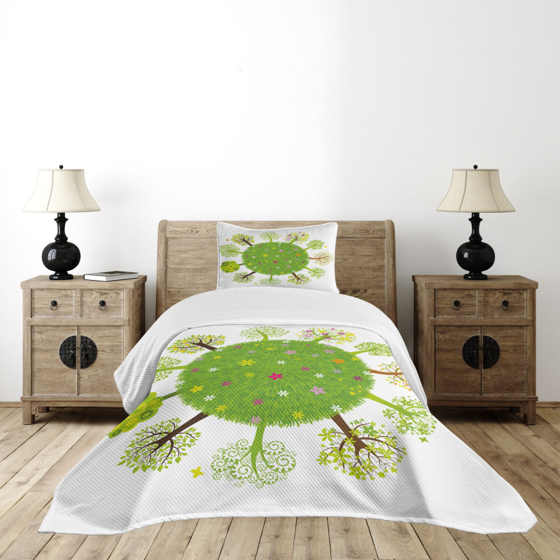 Various Green Trees Bloom Bedspread Set