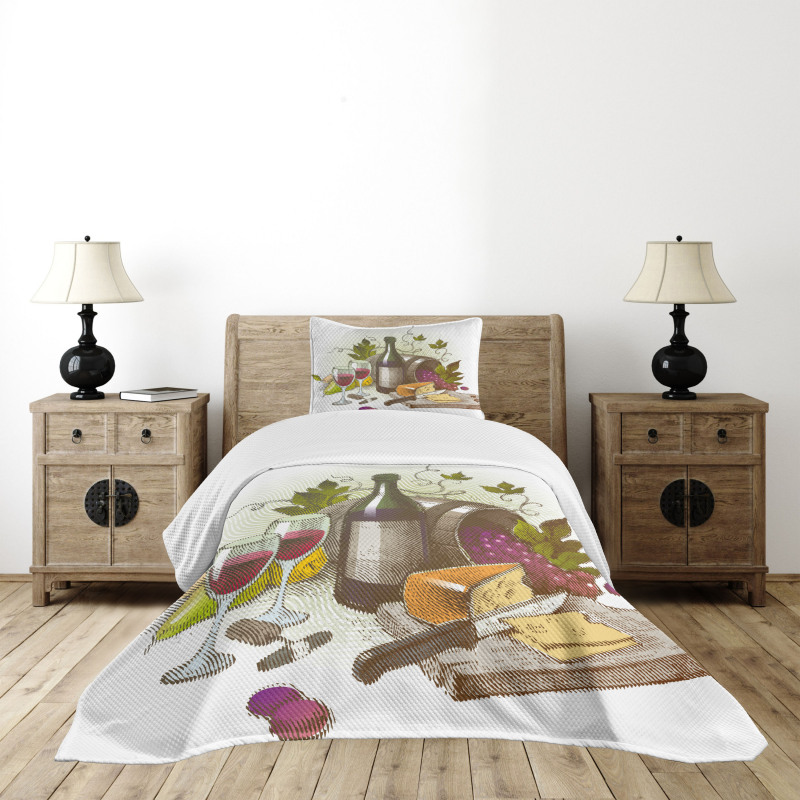 Vintage Wine and Cheese Bedspread Set