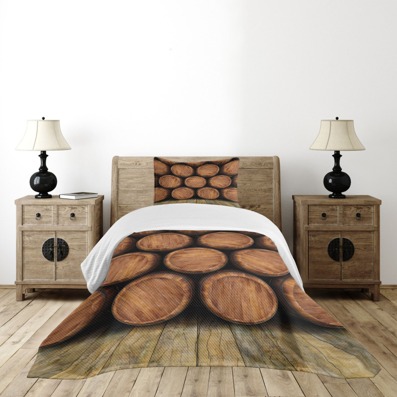 Wall of Wooden Barrels Bedspread Set