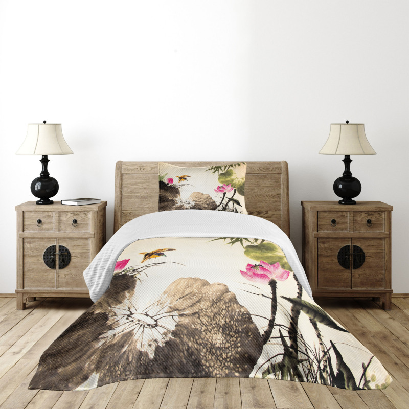 Bird Jumping into Lotus Bedspread Set