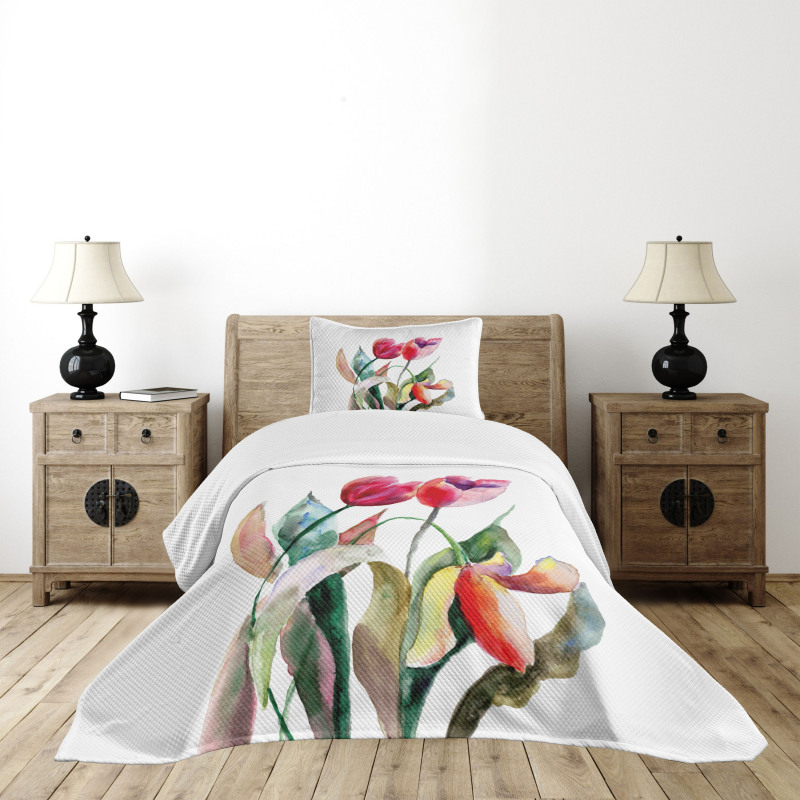 Watercolor Tulip Flowers Bedspread Set