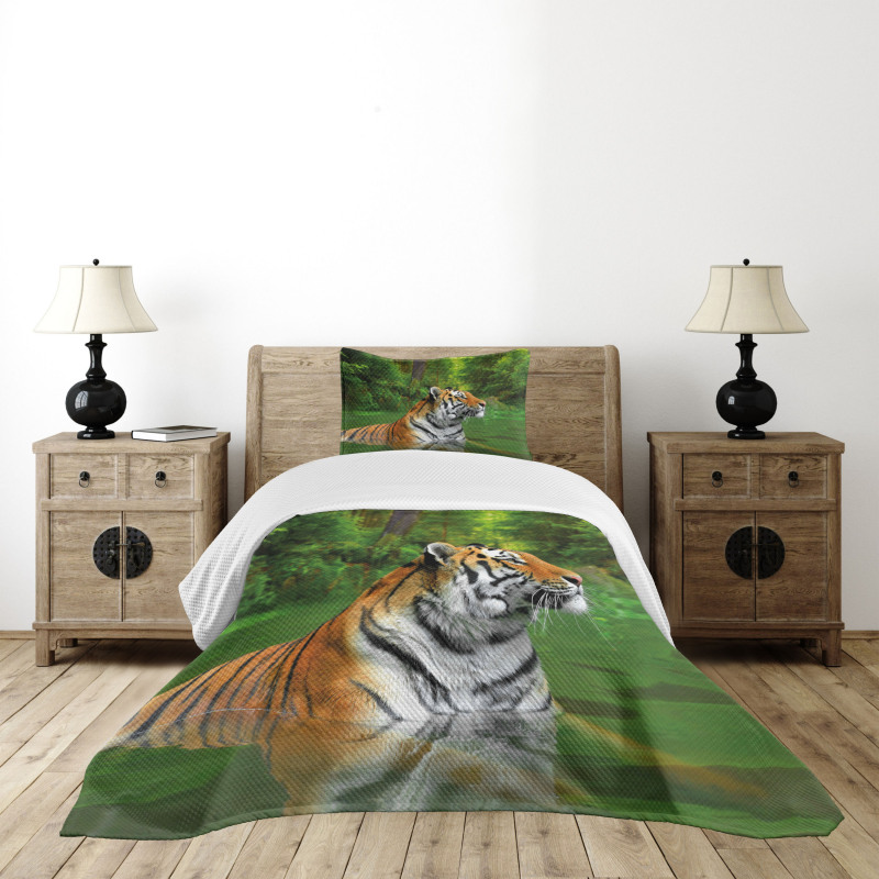Siberian Wild Cat in Lake Bedspread Set