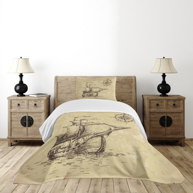 Old Paper Ship Bedspread Set