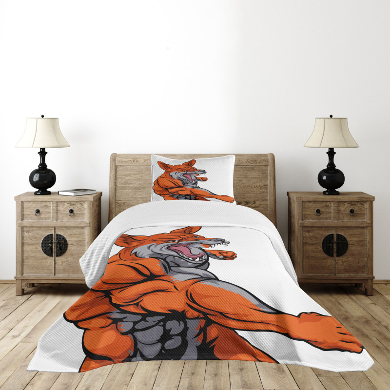 Muscular Sports Fox Mascot Bedspread Set