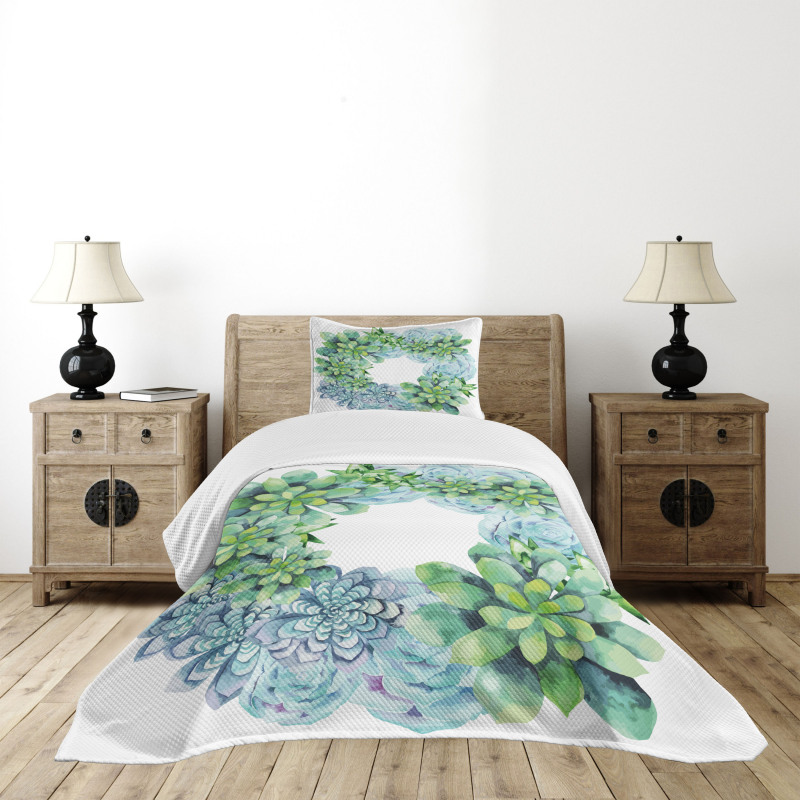 Watercolor Cactus Wreath Bedspread Set