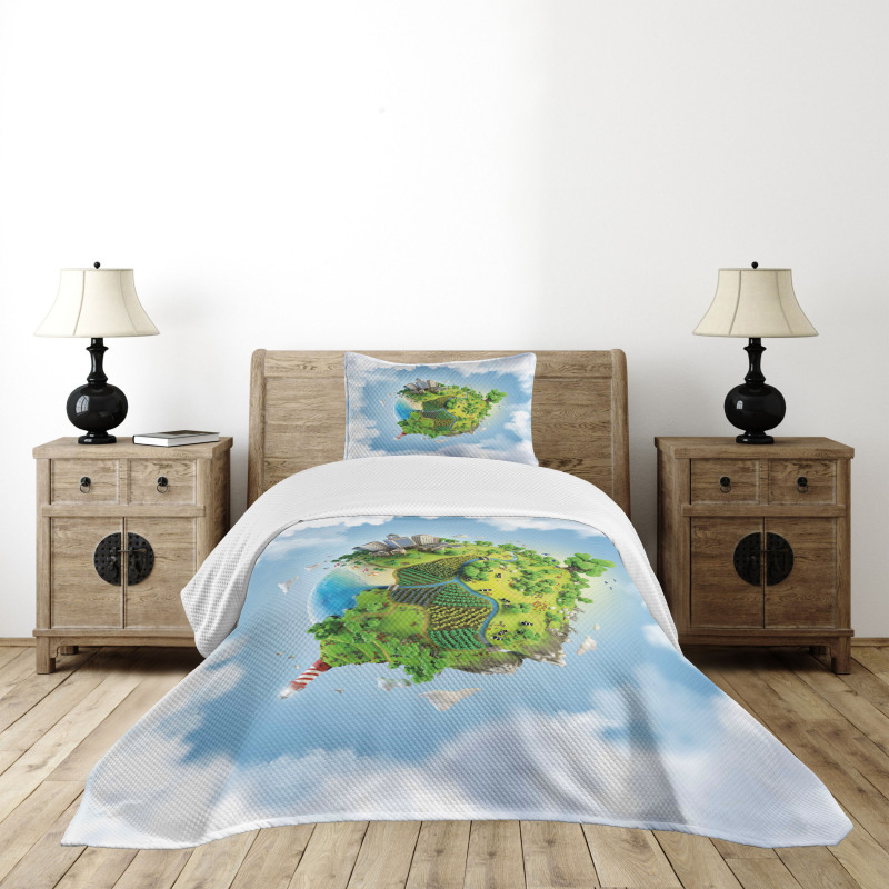 Cartoon Globe Greenery Bedspread Set