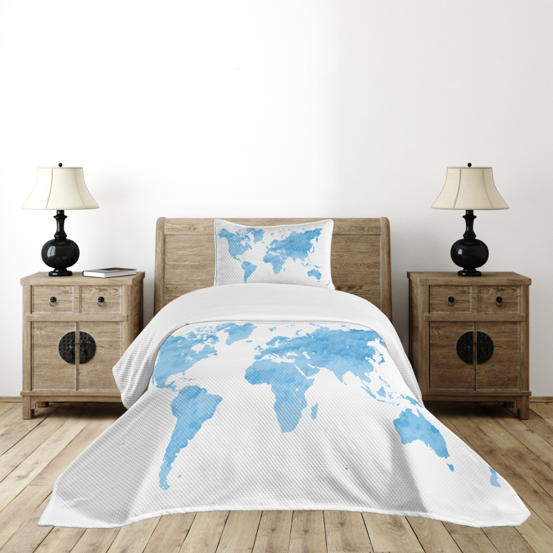 Blue Watercolor World Map Bedspread Set