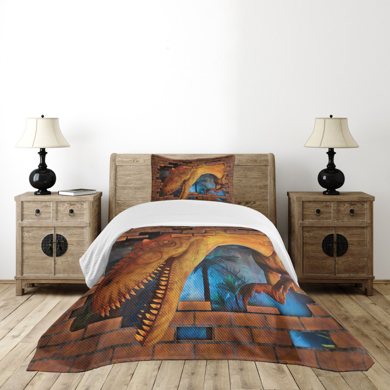 Dino Breaks Brick Wall Bedspread Set