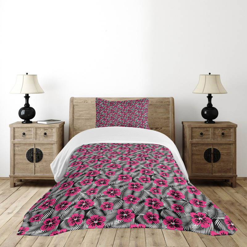 Pink Hibiscus Modern Leaf Bedspread Set