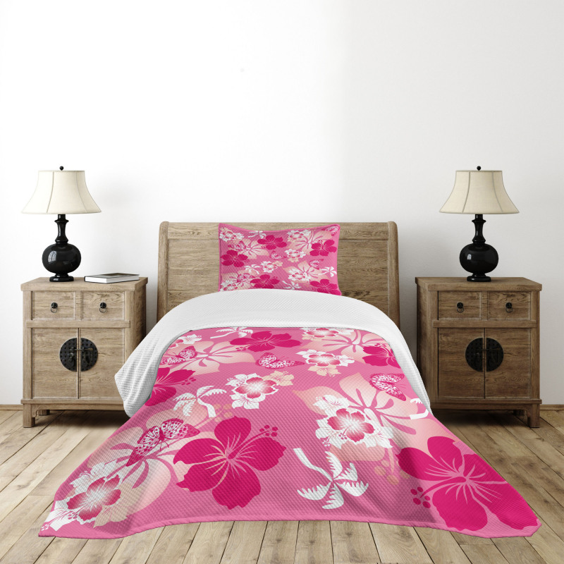 Pink Hibiscus Butterflies Bedspread Set