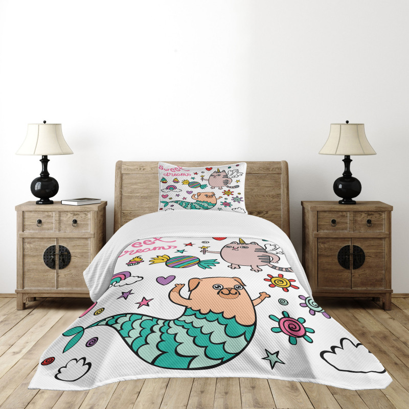 Pug Mermaid Wish Bedspread Set
