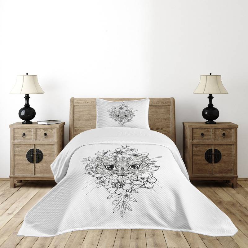 Hand Drawn Cat Image Bedspread Set