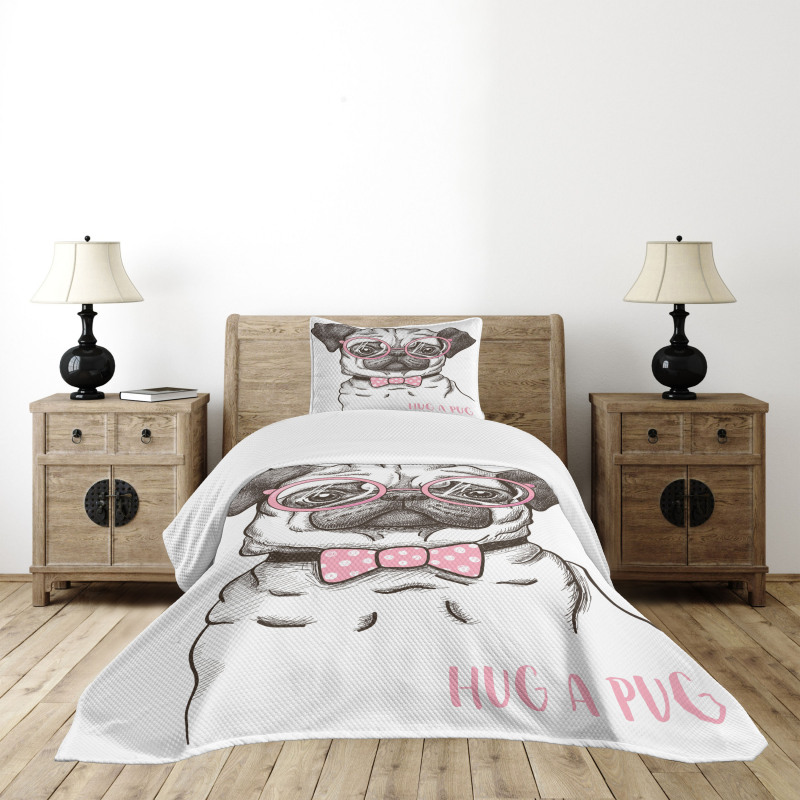 Pug with Bow Glasses Bedspread Set