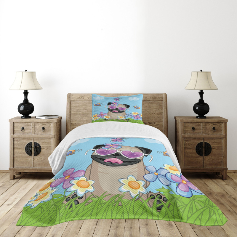 Puppy on the Field Flowers Bedspread Set