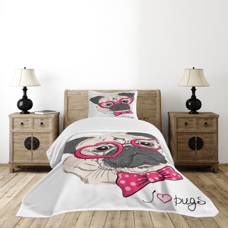 Dog with Heart Glasses Bow Bedspread Set