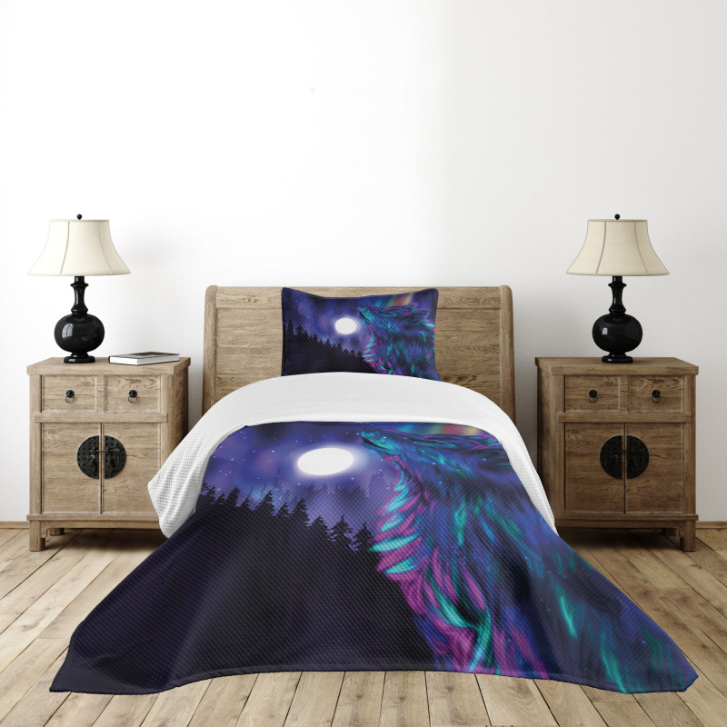 Aurora Borealis and Wolf Bedspread Set