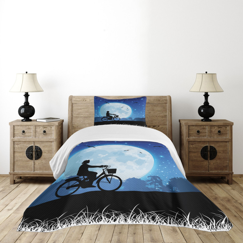Person Rides Bicycle Night Bedspread Set