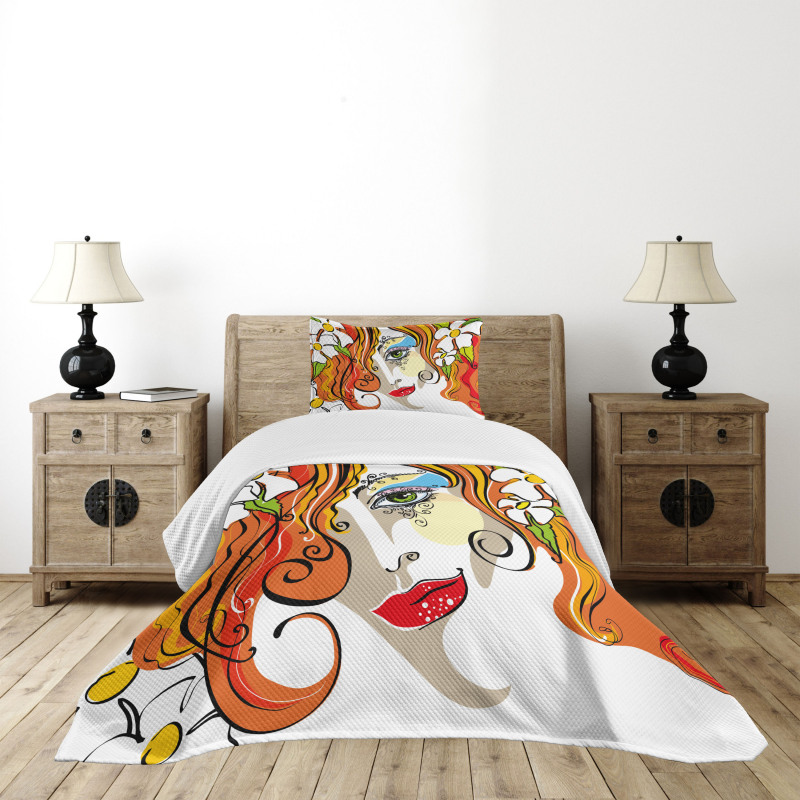 Woman Red Hair Floral Bedspread Set