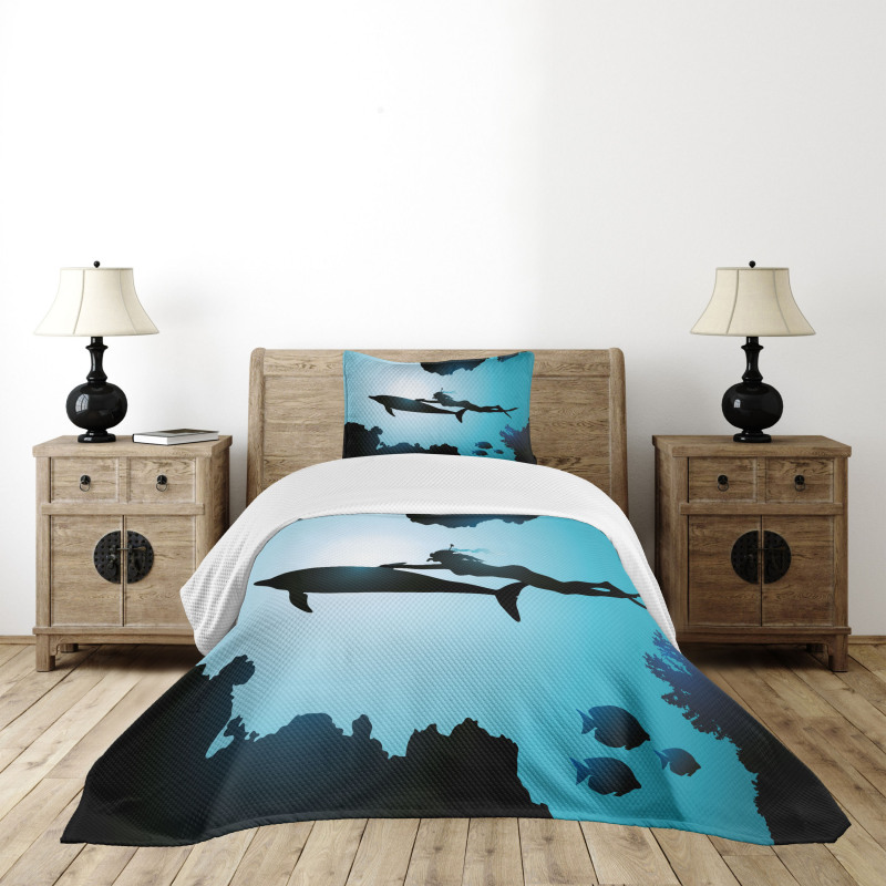 Diver Girl with Dolphin Bedspread Set