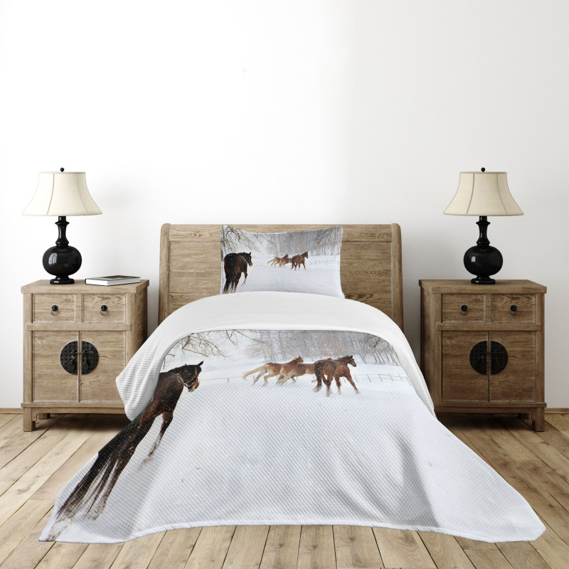 Horses in Snowy Forest Bedspread Set