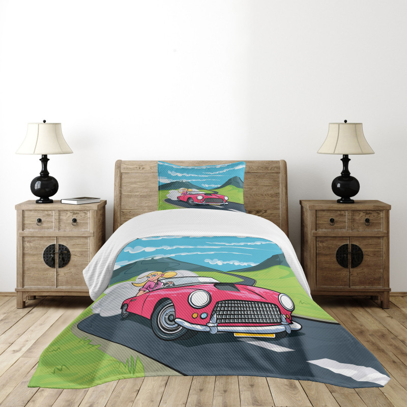 Blonde Girl Drives on Road Bedspread Set