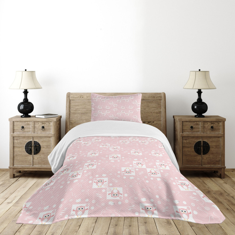 Pink Owls Birds Floral Bedspread Set
