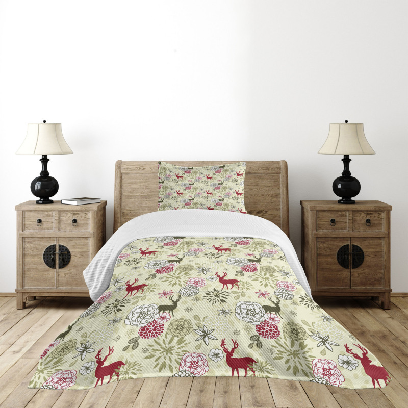 Deer Flowers Christmas Bedspread Set