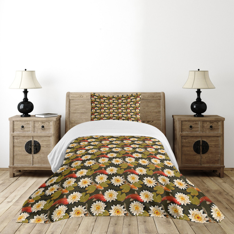 Japan Inspired Lotus Koi Bedspread Set