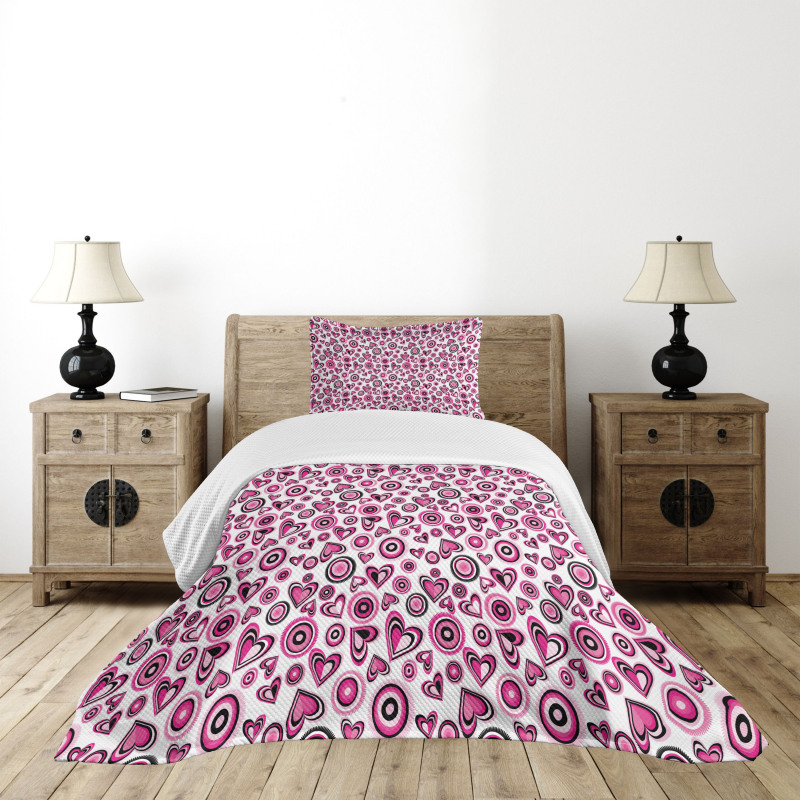 Pink Hearts and Circles Bedspread Set