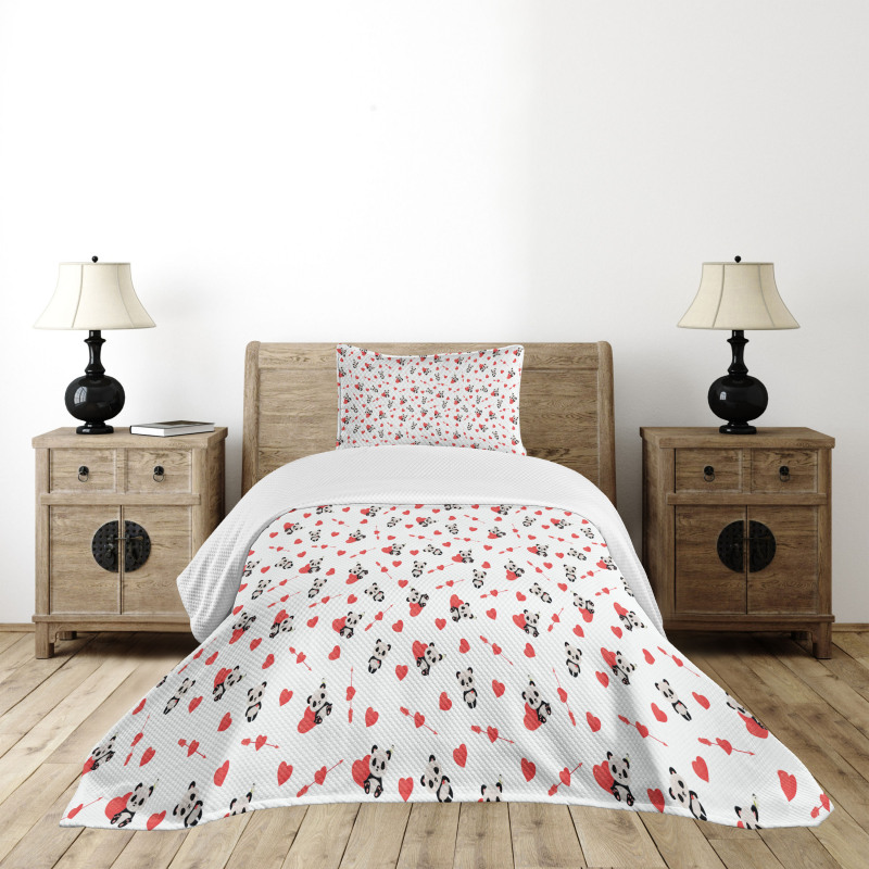 Panda with Hearts Bedspread Set