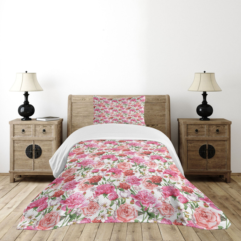 Pink Peonies Roses Bedspread Set