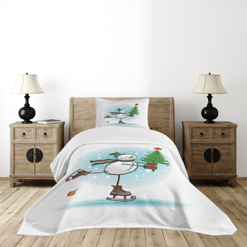 Skating Xmas Tree Snow Bedspread Set